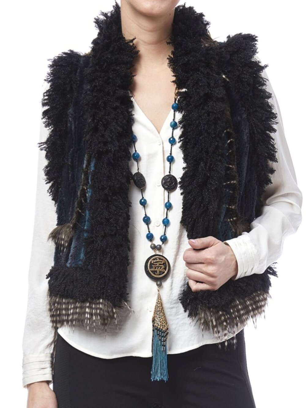 ANNA SUI Faux Fur Vest Black Teal Hook Closure Oversized Ombre FW 2016 Boho